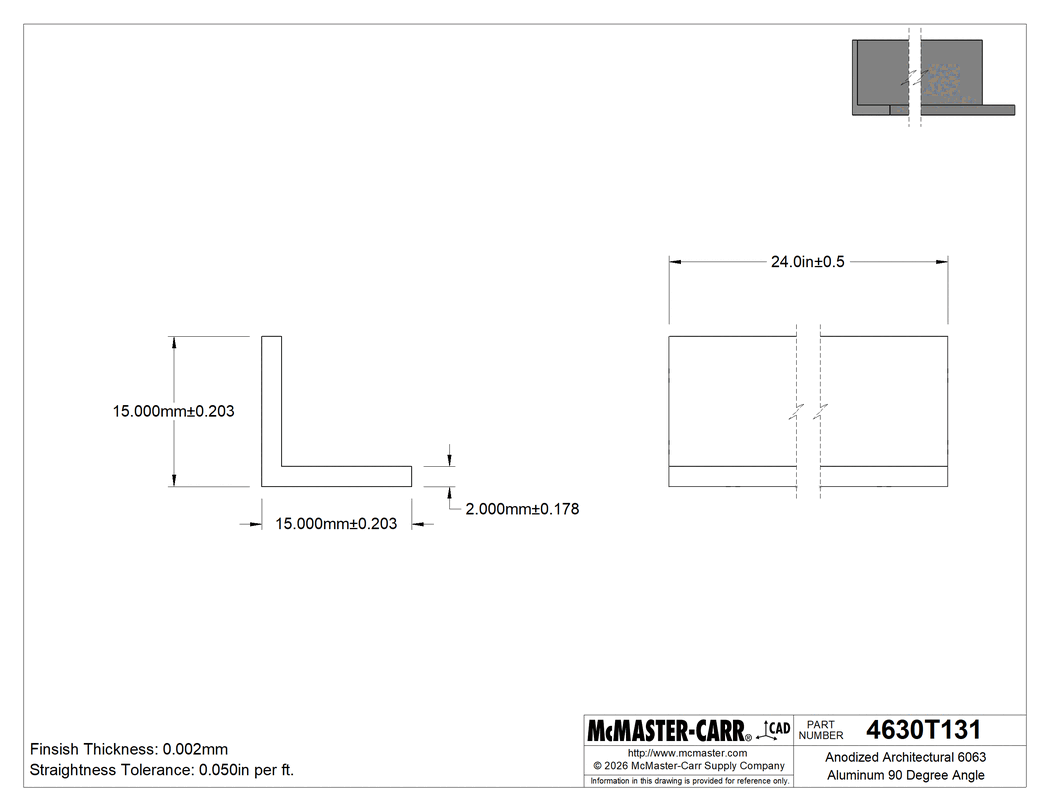 Technical Drawing of Anodized Architectural 6063 Aluminum 90 Degree Angle, 2 mm Wall Thickness, 15 mm High x 15 mm Wide Outside, 2' Long.